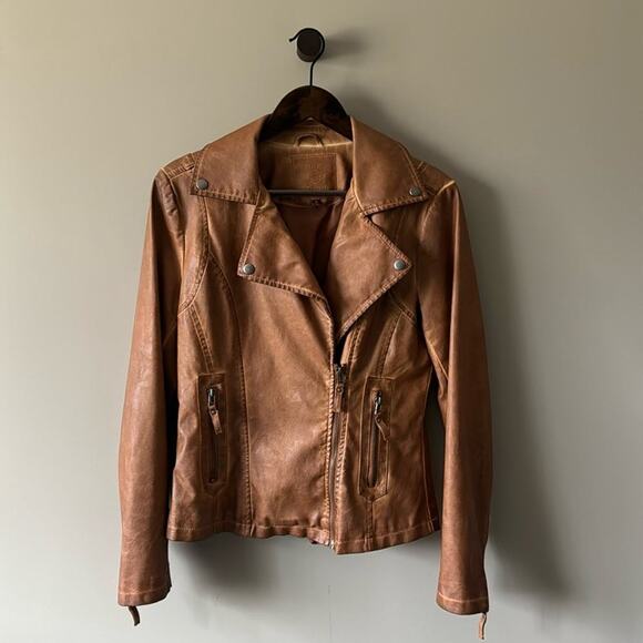 MAX STUDIO COGNAC CLASSIC FAUX / VEGAN LEATHER MOTO JACKET SIZE SMALL - Picture 1 of 6